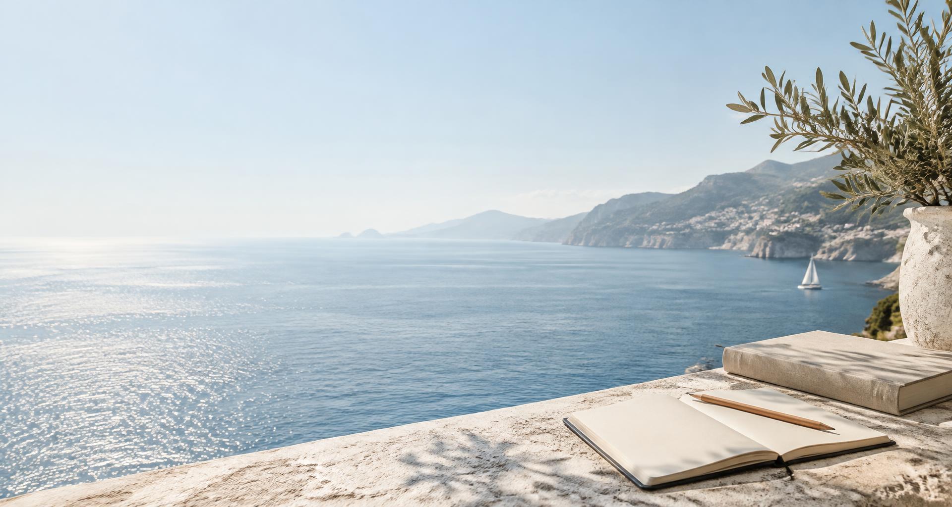 A quiet Mediterranean horizon, with an open notebook and linen-bound books on a sunlit terrace