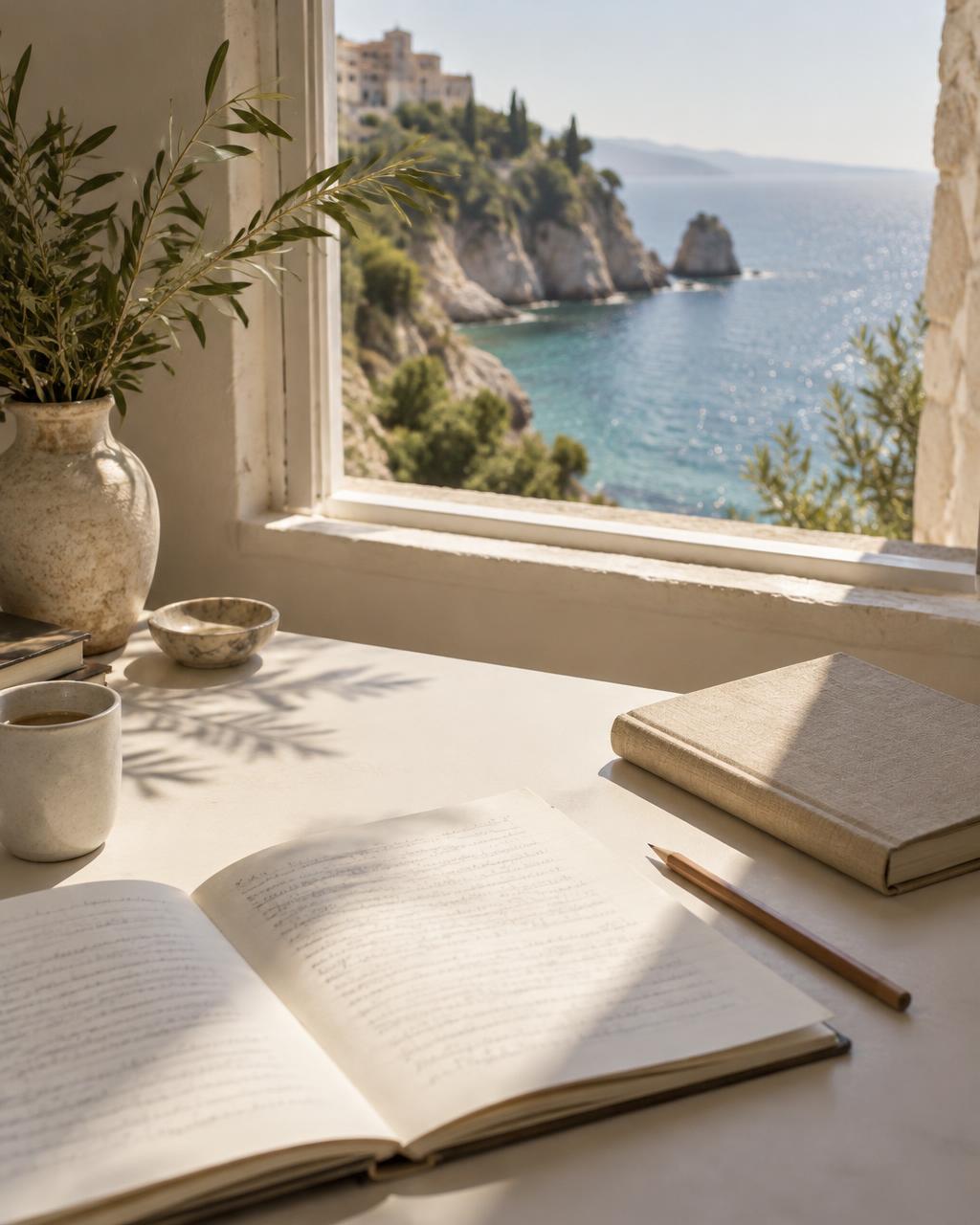Manuscript pages and books at a Mediterranean writing desk